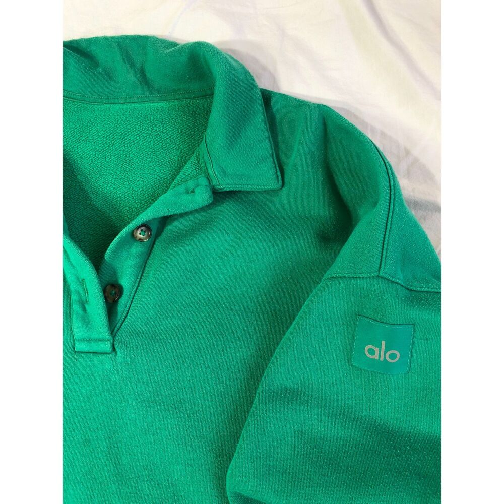 Alo Yoga Emerald Green Polo Henley Cropped Pullover Sweatshirt Luxury oversize M - Picture 4 of 11